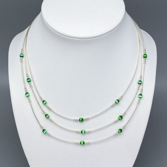 NWOT Sterling Silver 925 Green Simulated Tiger's Eye Station Necklace 16"-19" - Picture 1 of 4